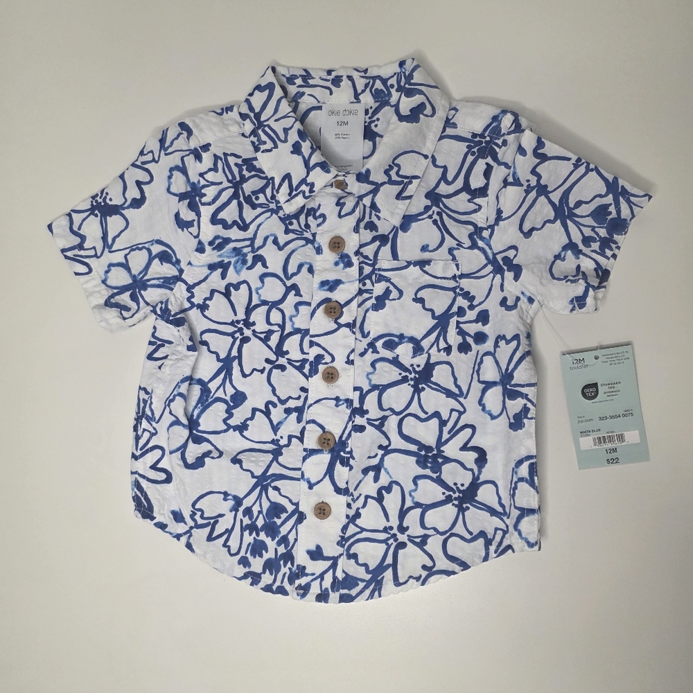 NWT Okie Dokie 12M Boys Short Sleeve Button Up Collared Top Blue White Floral